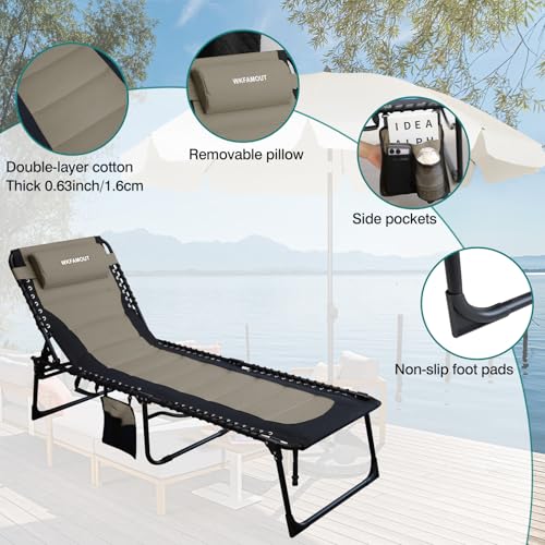 WKFAMOUT Folding Sun Lounger with 5 Adjustable Positions with Removable Pocket and Folding Sun Lounger Pillow, Max Load 120 kg for Camping, Beach, Garden, Outdoor, 190 x 59 cm, Khaki