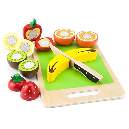 Wood Eats! Fruit Slicers Playset - includes Apple, Kiwi, Banana, Strawberry, Orange, and Lemon Wooden Fruit and Safe Knife - Teaches Fractions and Refines Motor Skills by Imagination Generation