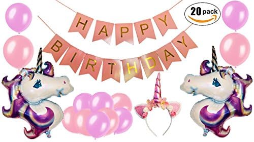 Unicorn Party Supplies and Girl's Birthday Party Decorations - 20 Piece Set w/Unicorn Balloons, Helium Balloons, Unicorn Headband, and Happy Birthday Unicorn Banner