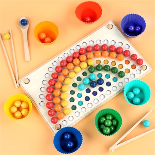 AM ANNA Wooden Peg Board Beads Game, Toddler Wooden Learning Montessori Toys for Kids 2-3 Years Old, Rainbow Stacking Matching Counting Color Sorting Games for Fine Motor Math Skills (Rainbow)