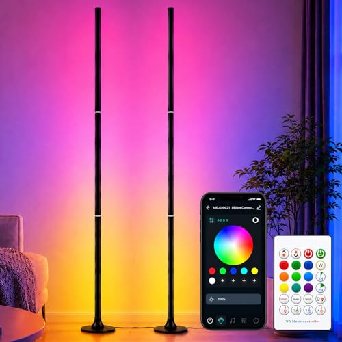 RGB Floor Lamp for Living Room, 120 cm, Set of 2 Dimmable Corner Lamps with Smart App and Remote Control, DIY LED Floor Lamp with 16 Million Colors, Sync