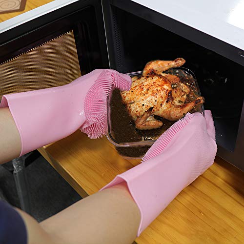 HOMCA Magic Silicone Gloves with Wash Scrubber, Magic Saksak Rubber Gloves Heat Resistant Reusable Silicone Gloves for Cleaning, Household, Dish Washing, Kitchen (13.6" Large,1 Pair,Pink)