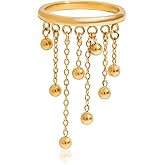 Izpack Tiny Ball Tassel Dangle Stacking Thin Band Ring for Women - 18K Gold Plated Stainless Steel Hanging Round Beads Chain Statement Knuckle Finger Rings Band Fashion Birthday Jewelry Size 7