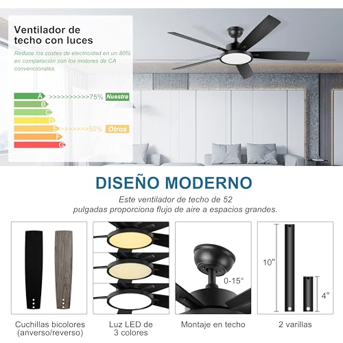 Ohniyou ventilador de techo con luces y mando a distancia, 6 velocidades, motor DC reversible, luz regulable, 52 pulgadas Negro ventilador de techo moderno luz para dormitorio patio oficina