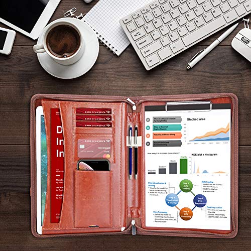 Darolin Zippered Leather Padfolio Portfolio Case with [Hidden Handle