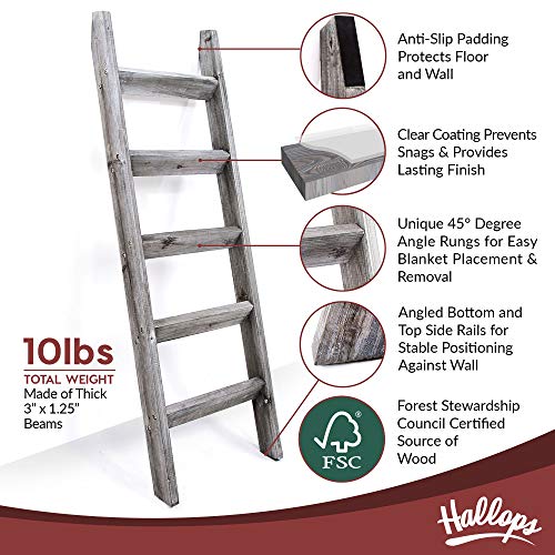 Hallops Blanket Ladder 5 ft. Premium Wood Rustic Decorative Quilt Ladder. White Vintage Wooden Decor. Throw Blankets Holder Rack