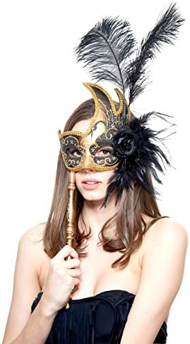 Scary Masquerade Mask, Feathers Sexy Venetian Masquerade Mask Bulk with Stick (Gold and Black)