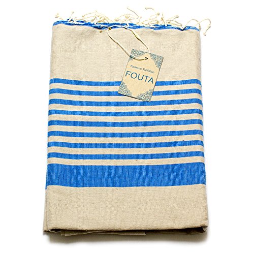 Fouta Hamam-Tuch Sauna-Tuch Pestemal XXL Extra Groß 197 x 100cm - 100% Baumwolle aus Tunesien als Strand-Tuch, für Bad, Picnic, Yoga, Schal (Orientalisches Türkisches Bade-Tuch) (Grau-Türkis)