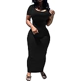 PINSV Women's Casual Bodycon Maxi Dress Summer Scoop Neck Short Sleeve Long Fitted Dresses Club Party