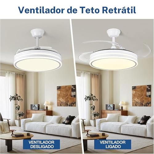 Ventilador de Teto com Luz LED Branco, 42'' Ventilador Regulável com Controle Remoto, Adequado para Quartos, Salas de Estar, Salas de Jantar e Cozinhas