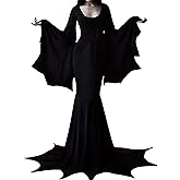 YEAXLUD Vampire Womens Halloween Costumes Long Wide Sleeves Morticia Addams Costume Wrap Gothic Witch Dress Witchy Dress (black, Medium)