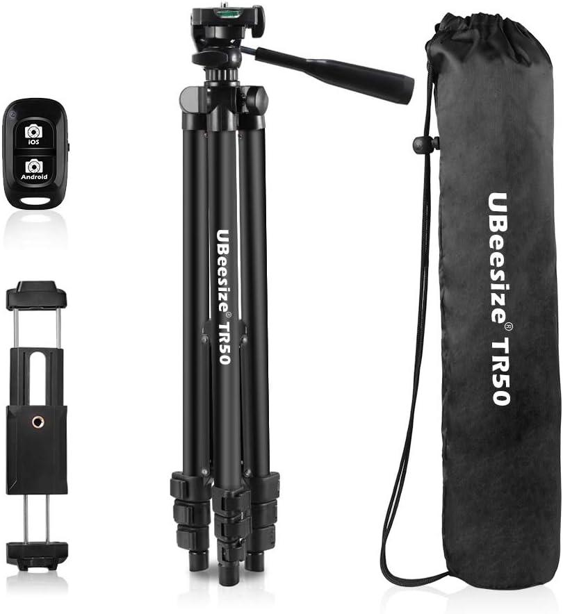 Phone Tripod, UBeesize 50’’ Extendable Lightweight Aluminum Tripod Stand with Universal Cell Phone/Tablet Holder, Remote Shutter, Compatible with Smartphone & Tablet & Camera.