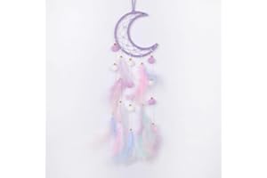 Pretty Jolly Purple Moon Kids Dream Catcher Wall Decor Pompom Feather Baby Dreamcatcher Handmade Children Dream Catcher Home Décor Wall Hanging for Nursery Bedroom Boys Girls Birthday Gift-25.6in