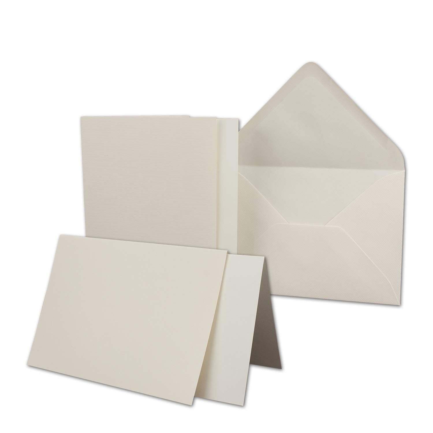 NEUSER PAPIER 50x card set DIN B6-12 x 17 cm - 120 x 170 mm - folding cards with envelopes & inserts - ribbed structure surface - natural white - vintage invitation cards