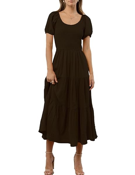 RNTMR SUMMER BOHO SMOCKED MIDI DRESSES FOR WOMEN 2023 CASUAL PUFF SHORT SLEEVE CREW NECK A LINE TIERED GRADUATION DRESS BLACK