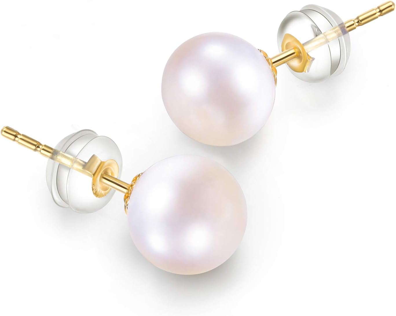 Esberry 14K Gold AAAA+ Handpicked Near Round Freshwater Cultured White Pearl Earrings Studs Set for Women and Girls