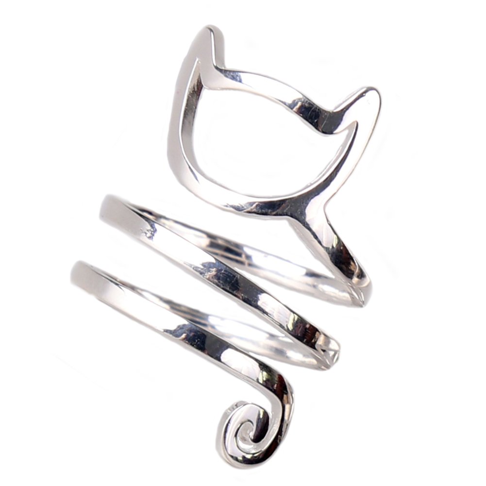Helen de Lete Innovative Kitty Cat Sterling Silver Open Ring (Shining Surface-Large Size)