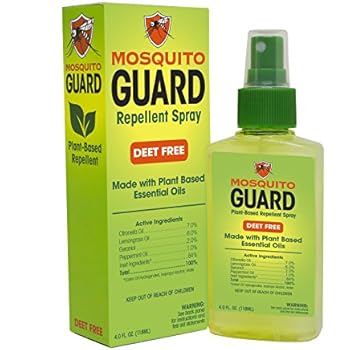 Mosquito Guard Natural Repellent Spray - Made with Plant Based Essential Oils: Citronella, Geraniol, Lemongrass - 4oz Bottle, Deet Free