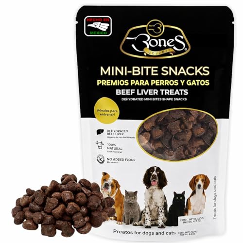 BONES GOURMET Premios para Perros y Gatos | Mini Snacks de Hígado de Res Deshidratado 120g | Snack Natural Sin Trigo | para Entrenamiento | Cachorros y Razas Pequeñas | Cat & Dog Treats