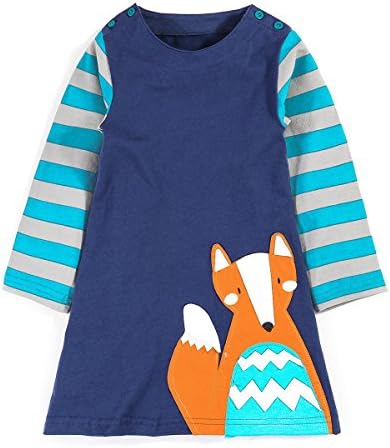 Budazo Christmas Girls Casual Dresses,Cotton Cartoon Fox Applique Long Sleeve Dress For Kids(Fox1,7T)