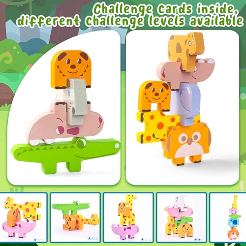 LOVESTOWN 10PCS Wooden Animals Stacking Blocks, Animal Stacking Toys Balance Game with Challenge Cards Montessori Toys for Toddlers Girls Boys 2 3 4 Year Old