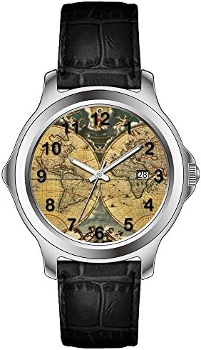 KSD Personalized Customized Gift Watch Men's Fashion Japanese Quartz Date Leather Black Band Wrist Watch Antique World Map J Blaeu 1664 Wrist Watch