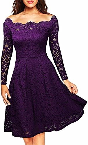 CZGBT Women's Vintage Floral Lace Long Sleeve Dress Business Cocktail (M, Purple)