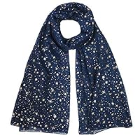 Lina & Lily Silver Gold Glitters Shimmer Foil Stars Women Scarf Shawl Wrap (Navy Blue (gold stars))