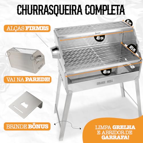 Churrasqueira Aço Inox A Carvão Duas Grelhas Nelore Grill 50x30 Chão Parede Portátil Desmontável Resistente Mec Grill