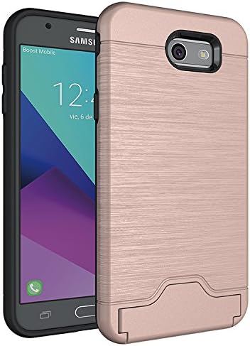Galaxy J7 Prime Case, Galaxy Halo / J7 V / J7 Perx / J7 Sky Pro / J7 2017 Case, KareCel [Brushed Metal Finish] [Card Slot Holder Kickstand] Slim Fit Dual Layer Hybrid Protective Case Cover (Rose Gold)