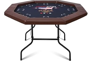 RayChee Poker Table Foldable, 8 Player Octagonal Folding Portable Texas Holdem Table with Water-Resistant Cushioned Rail, 8 Stainless Steel Cup Holders, Casino-Grade Felt Surface (48inch, Brown)