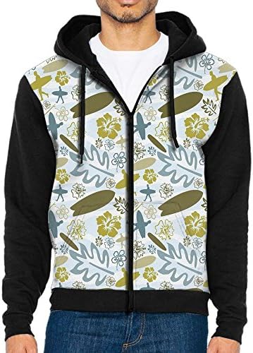Joapron Beach With Silhouette Of Surfer Waves and Exotic Plant Men's Zipper Splicing Overcoat Belt Hat and Pocket M