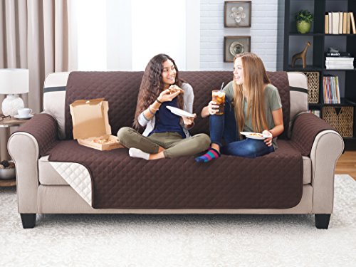 Elaine Karen Premium Reversible Sofa Couch Slipcover Furniture Protector, Quilted, Anti-Slip 2 Inch Strap, Machine Washable, Slip Cover Throw for Pets, Dogs, Cats, Kids,- Coffee/Tan