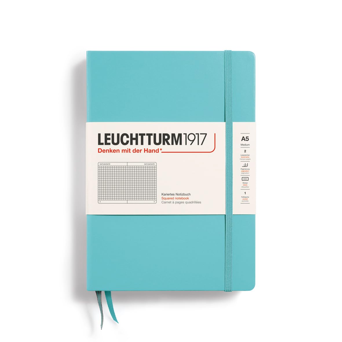 LEUCHTTURM1917 363393 Notebook Medium (A5), Hardcover, 251 Numbered Pages, Aquamarine, Squared