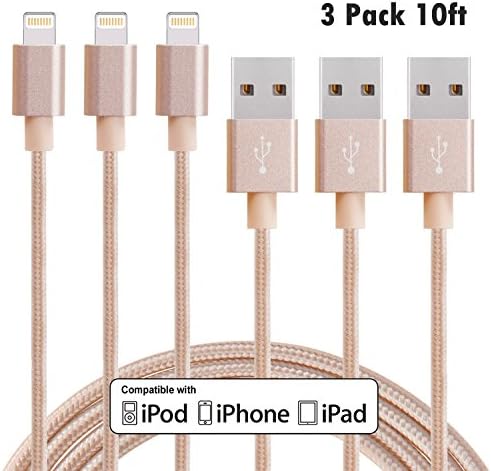Eashion iPhone Charger 3Pack 10FT Nylon Braided Lightning Cable for iPhone, iPad, iPod and More (Gold)