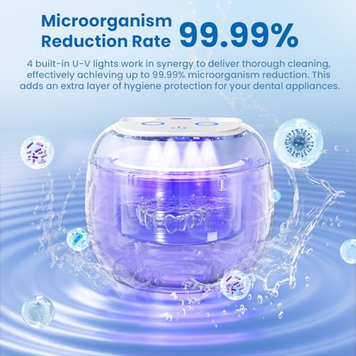 Ultrasonic Retainer Cleaner Machine, 45kHz Ultrasonic Cleaner for Dentures, U-V Light, 4 Modes for Retainer, Dentures, Aligners, Mouth Guards, Night Guards, Toothbrush Heads, Whitening Trays, Jewelry