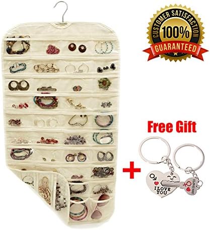 XeaGiasy Hanging Jewelry Organizer For Women, Accessories Organizer Closet Wall Jewelry Holder With 80 Pockets, 2 Sides (Beige)