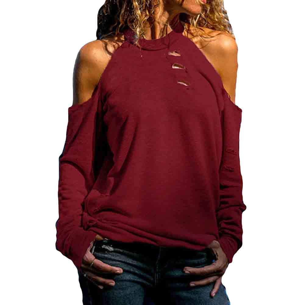 Cold Shoulder Ripped Sleeve T-Shirt Women Sexy Long Sleeve Loose Top