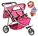 Exquisite Buggy, Twin DOLL Jogger Stroller with Diaper Bag, PINK / POLKA DOTS designed With a Carriage Bag and 2 FREE Magic Bottles Included (Fits Bitty Twins Dolls )