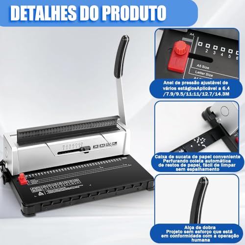 34 Furos Design ajustável Máquina de Encadernação, Encadernadora, Encadernadora Perfuradora, Encadernadora Perfuradora para Espiral, Encadernadora Perfuradora Manual, Suporte para Papel A4 E A5