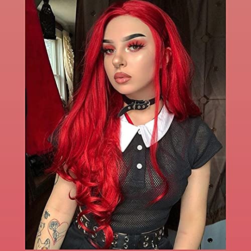 RainaHair Red Synthetic Lace Front Wigs for Women Long Wavy Synthetic Hair Wig Heat Resistant Fiber Hair for Party Drag Queen 26inch (Red)