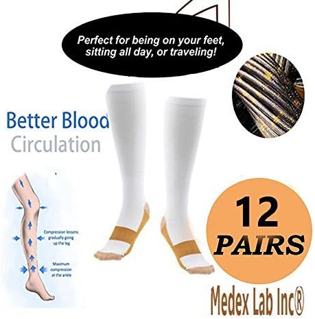 Medex Lab Bundle Pack of Compression Copper Socks: Calves High Copper Compression Socks Aid in Blood Circulation Relieves Pain and Aches off your Feet (12 Pairs White Copper Socks)