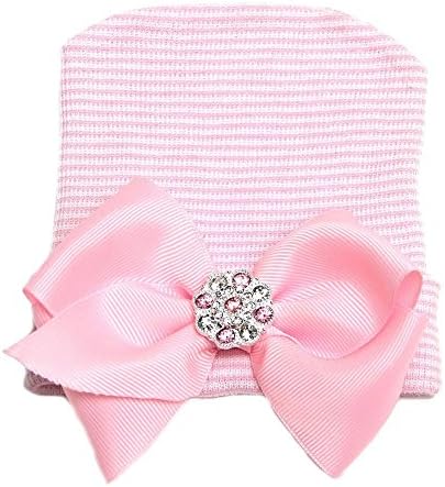 LASASA Pink White Sparkle Gem Nursery Striped Newborn Girl Hospital Hat Cap with Big Bow (pink bow-1pcs)