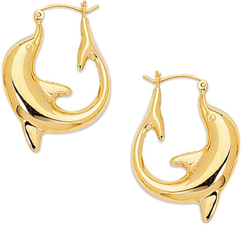 14k Yellow Gold Dolphin Hoop Earrings 