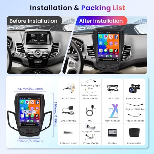 6G+128G 8 Core Wireless Carplay Android Car Radio for Ford Fiesta MK7 2009-2016 9.7 Inch Car Radio with Android Car GPS Navi WiFi Mirror Link Bluetooth FM/RDS/DSP EQ/USB/SWC Rear Camera