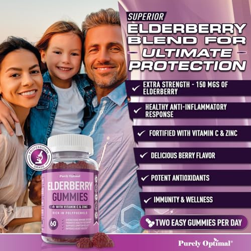 PURELY OPTIMAL ELDERBERRY GUMMIES – IMMUNE SUPPORT SUPPLEMENT WITH VITAMIN C & ZINC, ORGANIC BLACK ELDERBERRY EXTRACT, VEGAN, NON-GMO, GLUTEN-FREE, 60 COUNT