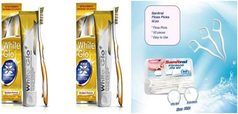White Glo Smokers Formula Whitening Toothpaste Pack 150g -Pack of 2 (with Sanitral 50 Pcs Dental Floss Stick Included as a Gift)