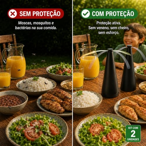 Kit 2 Ventilador Repelente de Mesa Espanta Mosca e Mosquito Sem Veneno | Hélices Holográficas | Silencioso | Portátil | Pilhas AA | Churrasco Área Externa