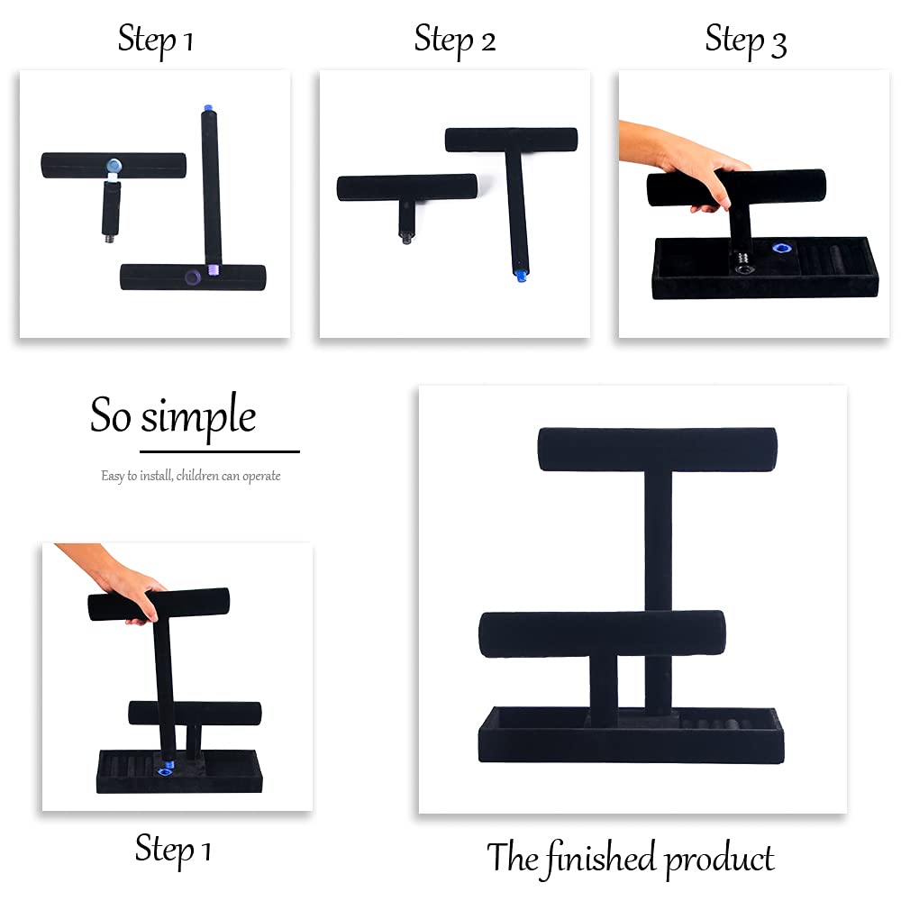 ByKen Jewelry ByKen Necklace Holder,Bracelet Holder,Jewelry Organizer Stand with Earrings Rings Tray,Jewelry Holder for Scrunchie Watches (Black Velvet)