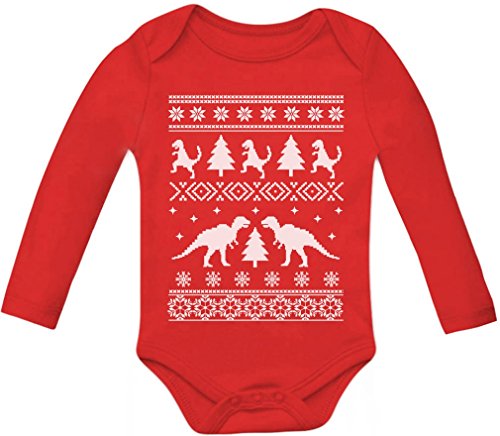 TeeStars - Ugly Christmas Sweater Trex Baby Long Sleeve 3 - 6 months Red